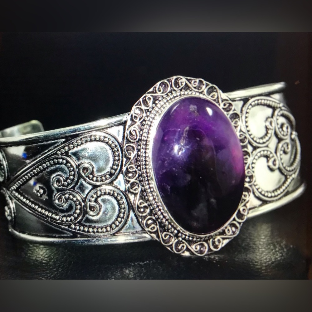 Amethyst Stamped 925 Sterling Silver Cuff Bracelet